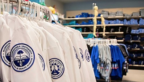 Bookstore with white coats and scrubs.
