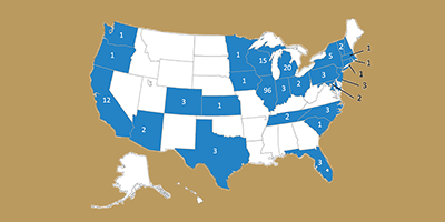 2 AZ, 12 CA, 3 CO, 1 CT, 3 FL , 1 IA, 96 IL, 3 IN, 1 KS, 1 MA, 2 MD, 20 MI, 1 MN, 3 NC, 3 NJ, 5 NY, 2 OH, 1 OR, 3 PA, 1 RI, 1 SC, 2 TN, 3 TX, 2 VT, 1 WA, 15 WI.